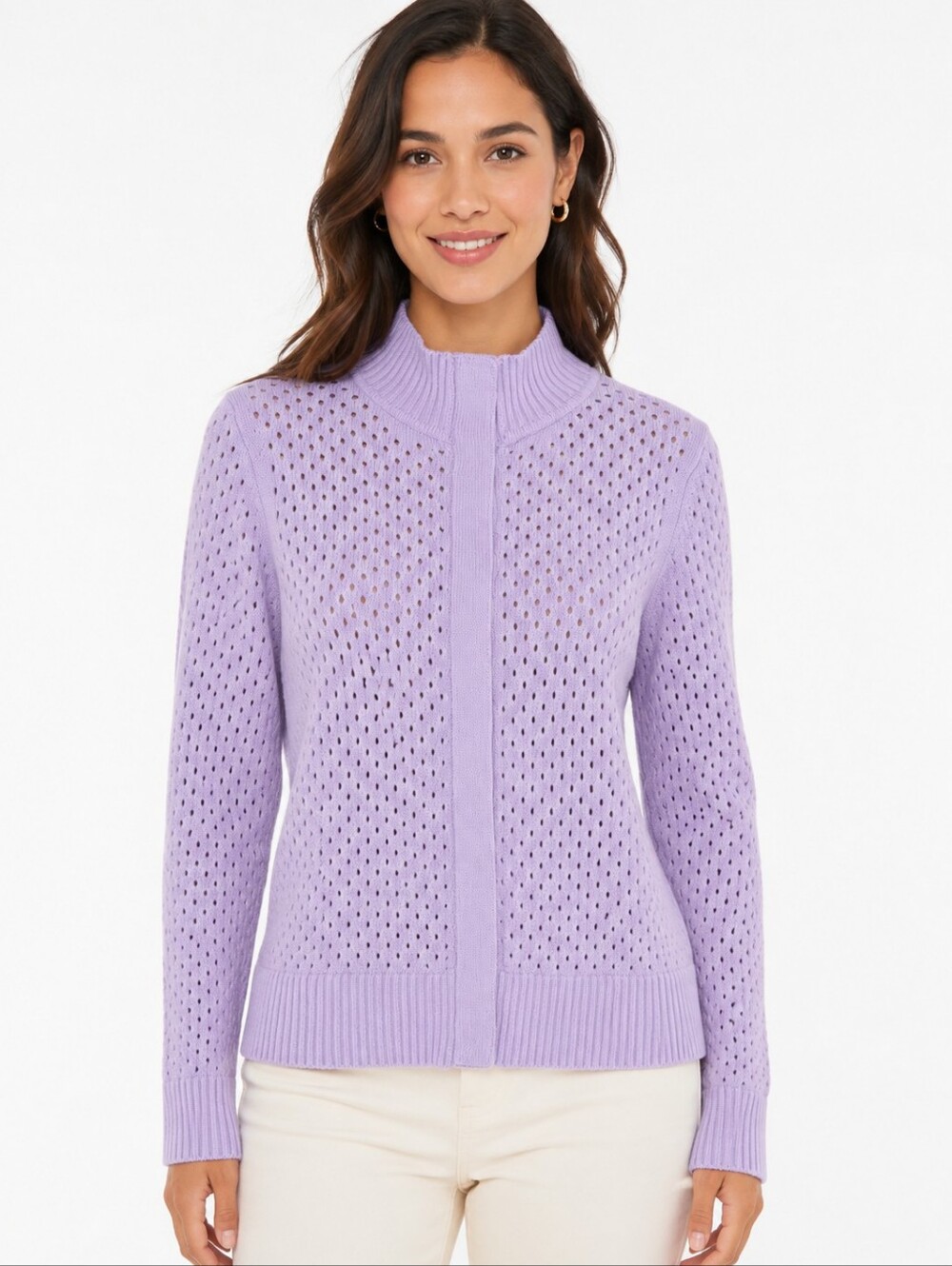 T by Talbots Lavender Pointelle Knit Snap Front Cardigan Sweater Large
